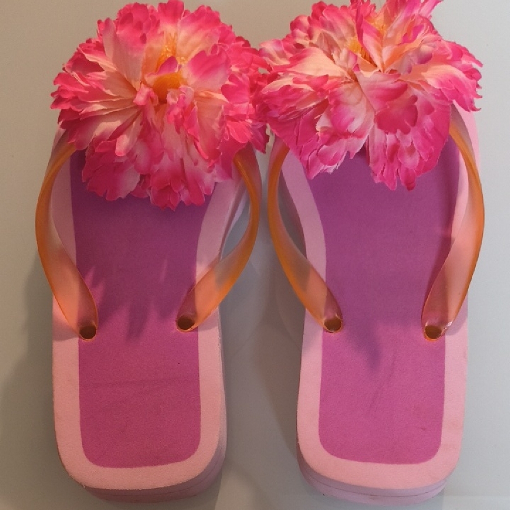 Pink Floral Flip Flops with Orange Straps Small